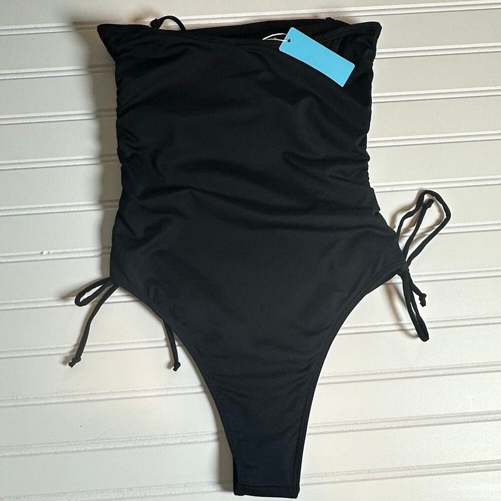 Yonique Women Black Strapless One Piece Swimsuit Ruched Tie Side XS NWT - Picture 6 of 9